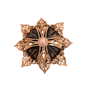 Monet Vintage gold layered black enamel and faux pearl brooch.